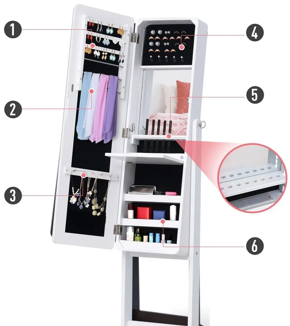 Шкаф-зеркало для украшений Homcom 831-222WT 30x36x146 cm (White)