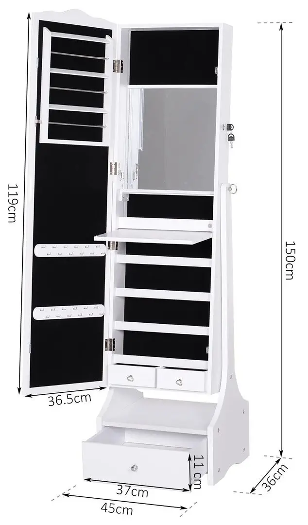 Dulap-oglinda pentru bijuterii Homcom 831-274WT 45x36x150 cm (White) - 2