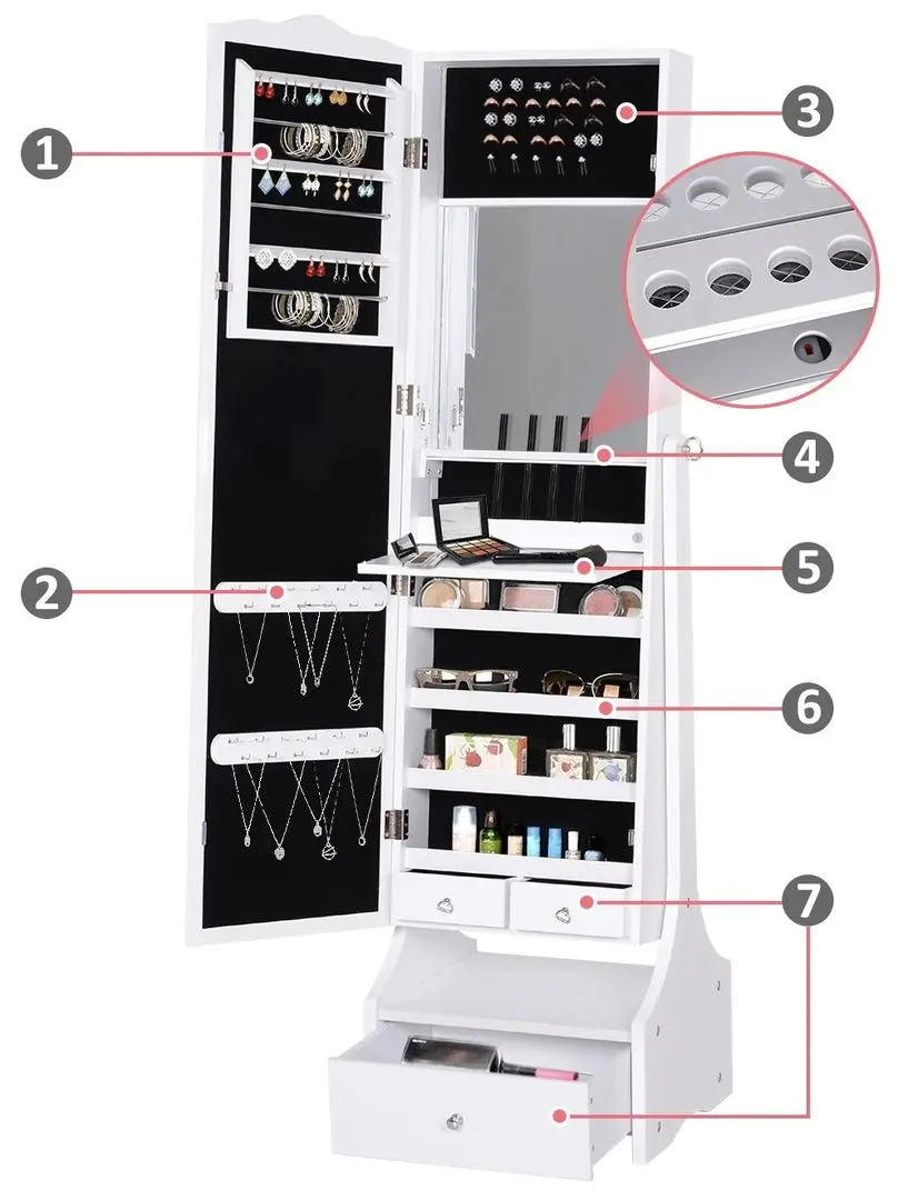 Dulap-oglinda pentru bijuterii Homcom 831-274WT 45x36x150 cm (White) - 4
