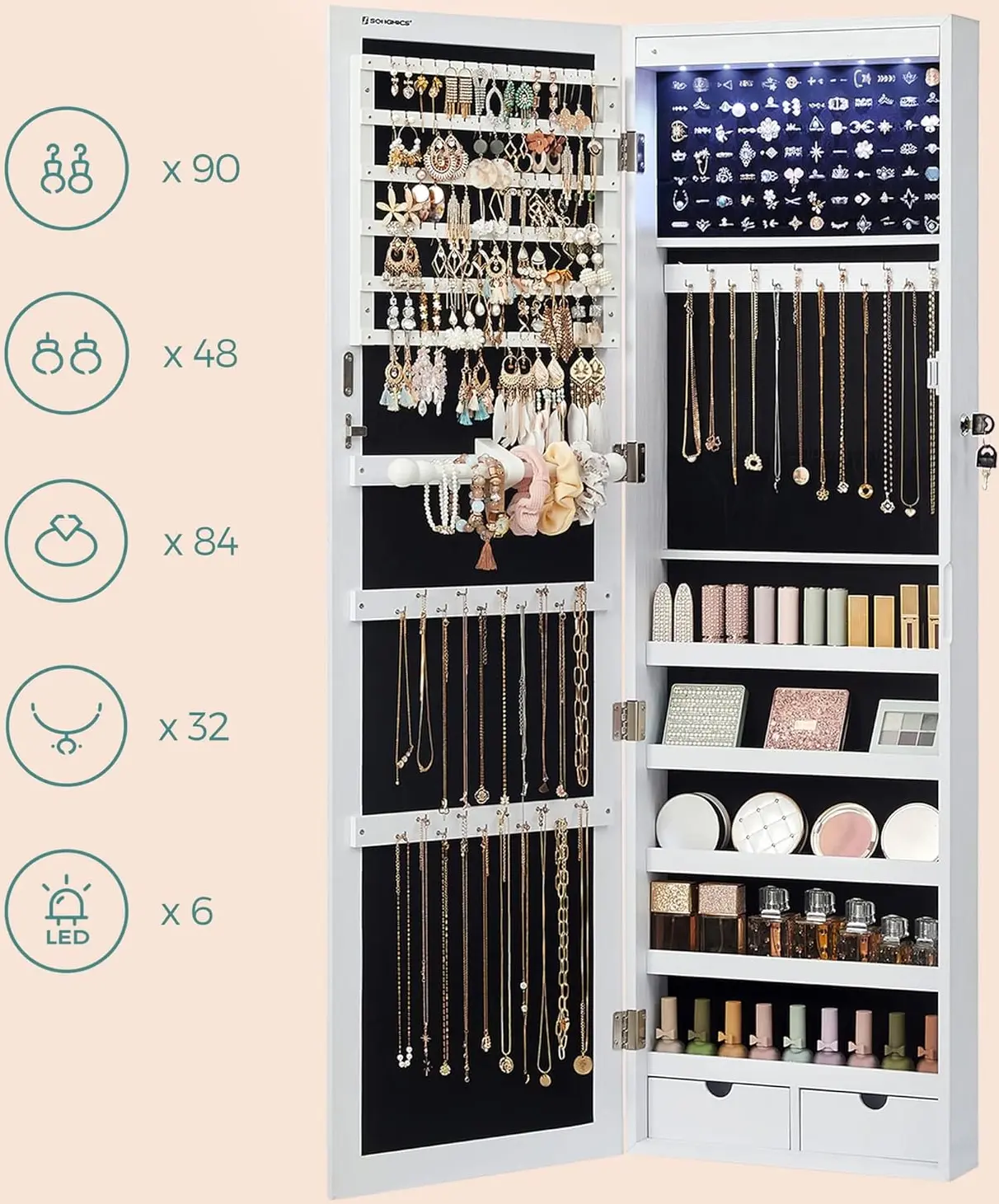 Шкаф-зеркало для украшений Songmics JBC93W (White/Black)