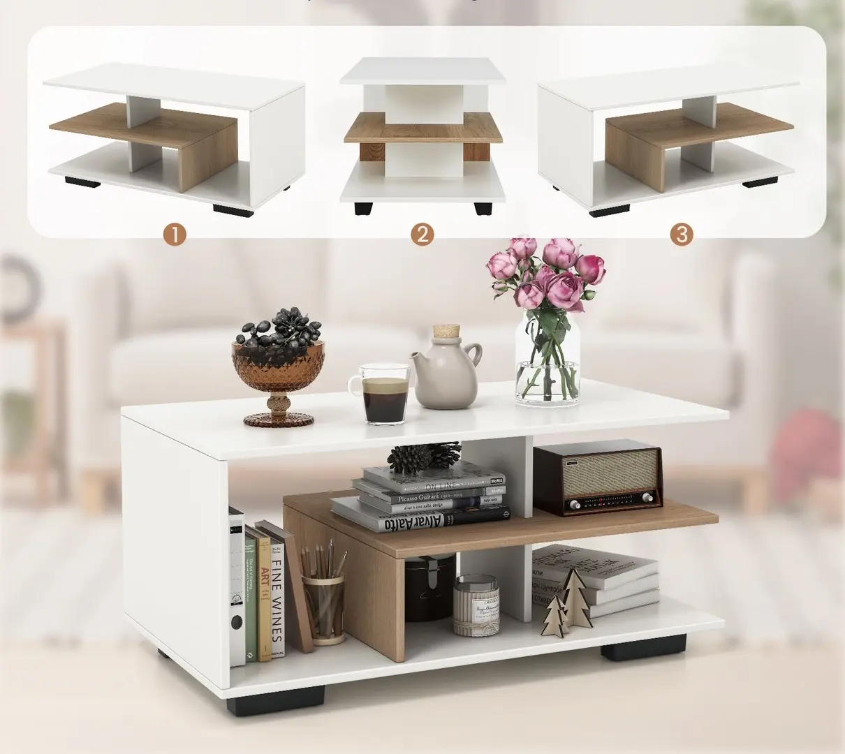 Masa pentru reviste Costway JV11328WH (White/Natural) - 6