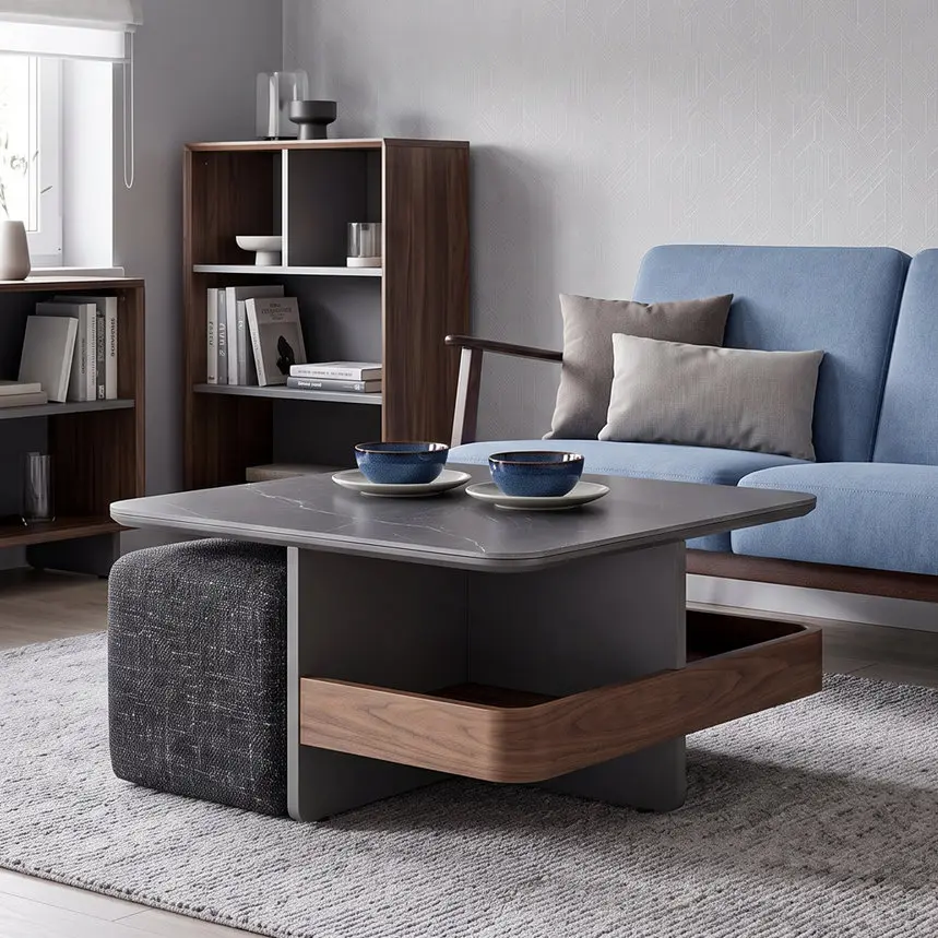 Журнальный столик с 2 пуфами Halmar Vicker (Black/Walnut)