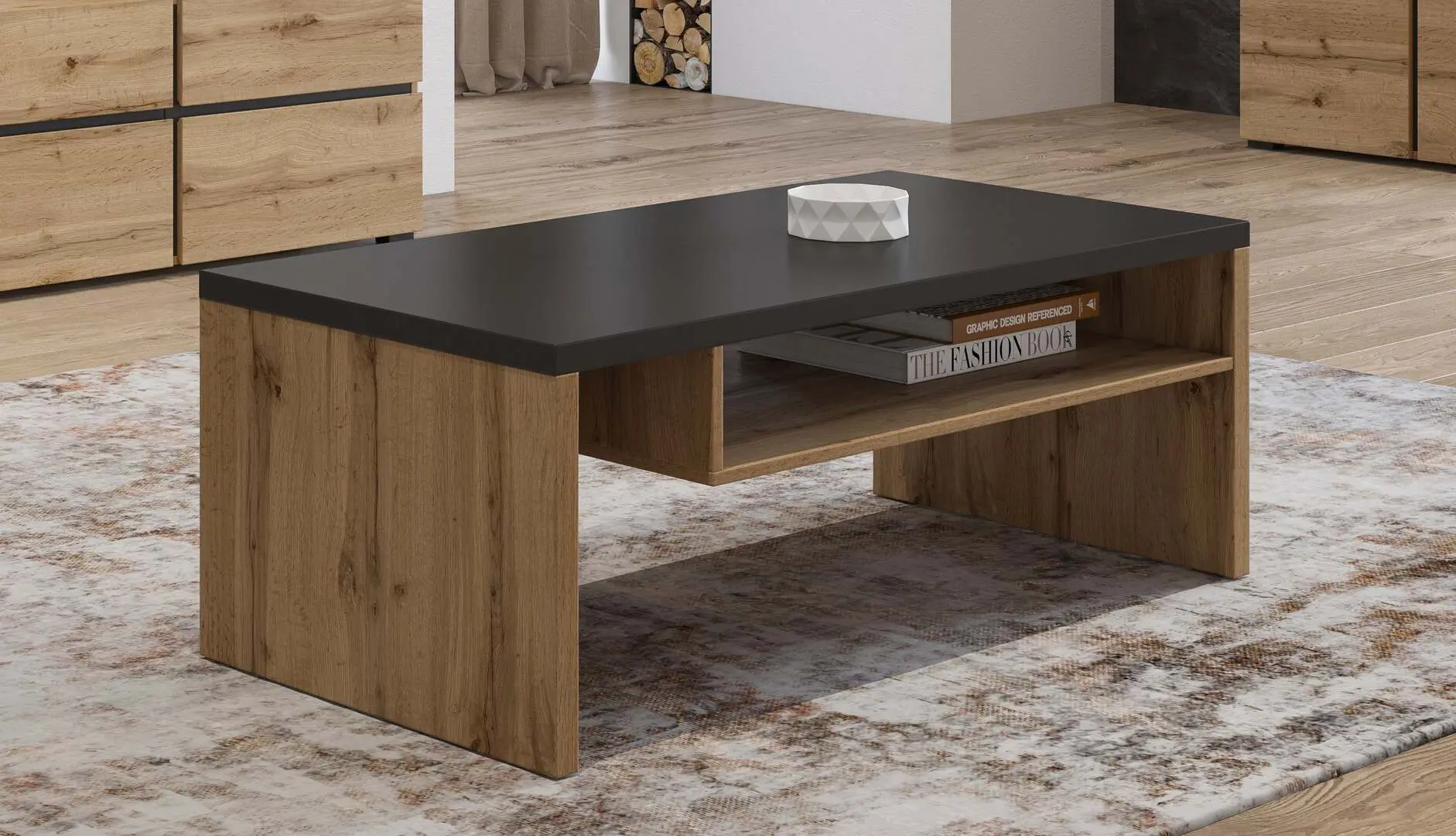 Masa pentru reviste Helvetia Cross 120 cm (Wotan Oak/Black)