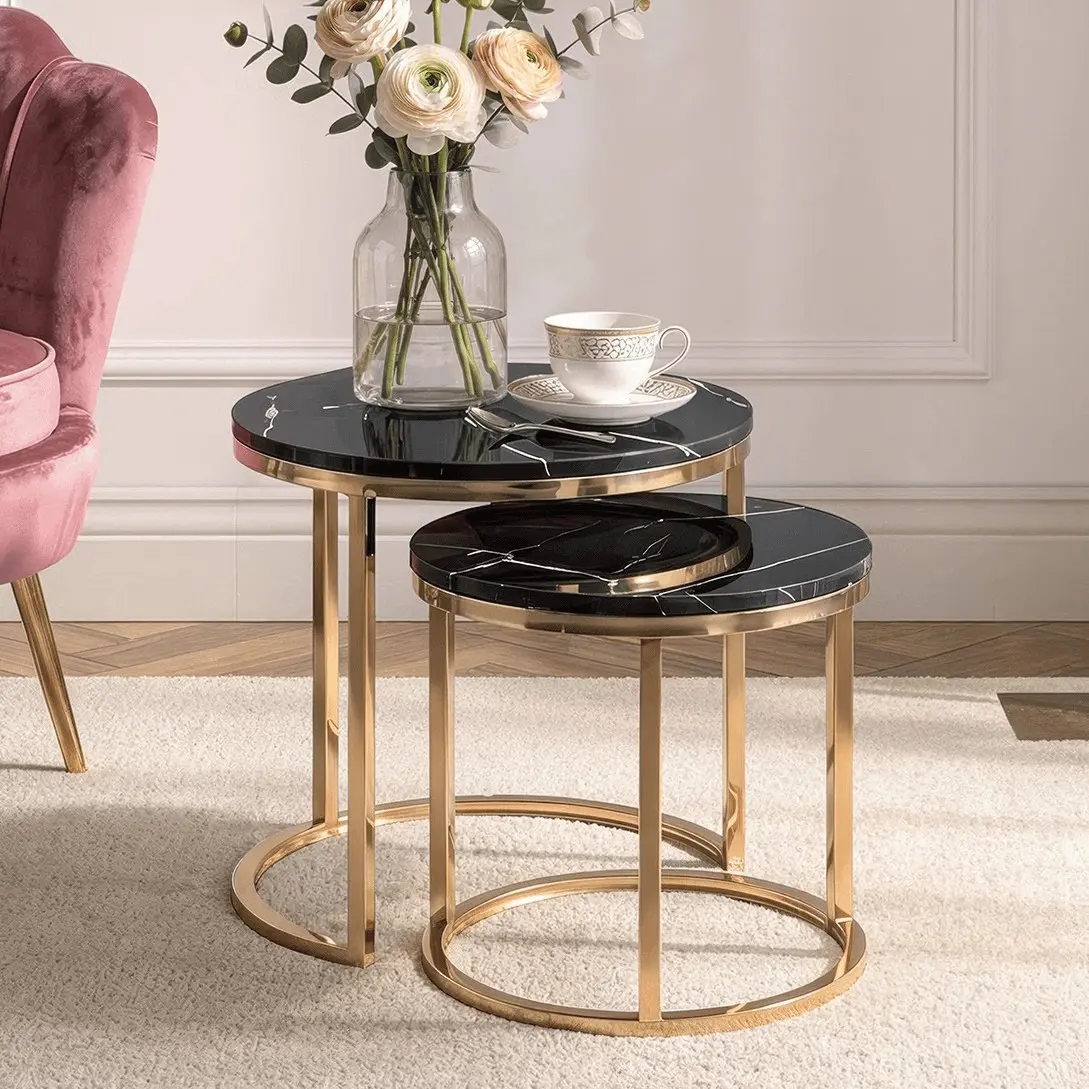 Set masute cafea Mebel Elite Milano 45/60 (Black Marble/Gold)