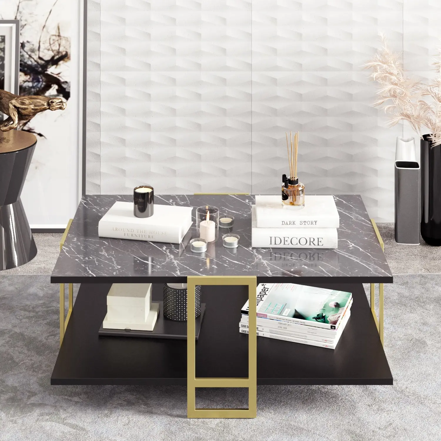 Masa pentru reviste Mirage Meble Polka (Black Marble/Gold)