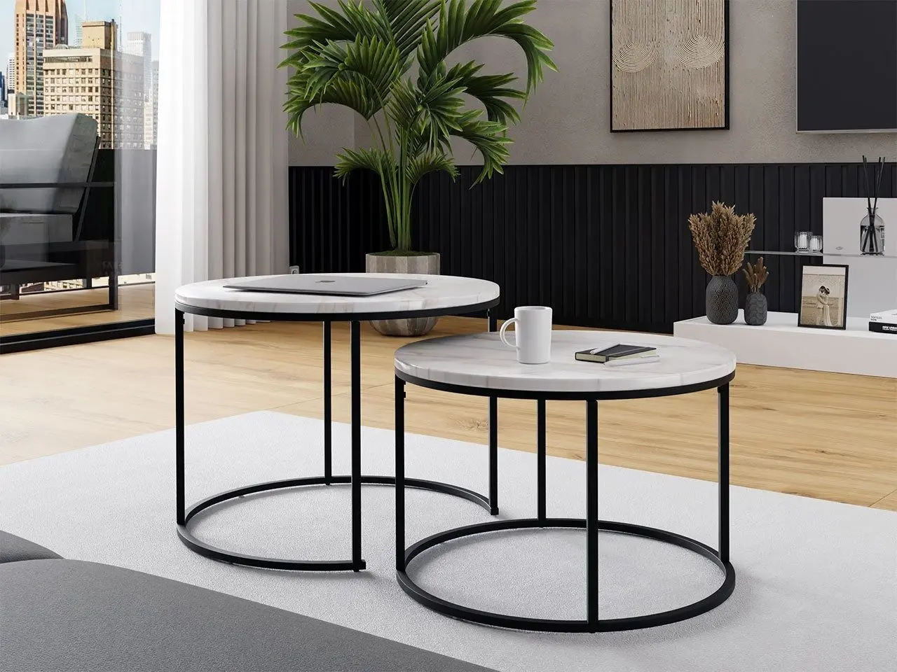 Набор журнальных столиков Mirjan24 Maliko/Idunes Bigger (White Marble/Black)