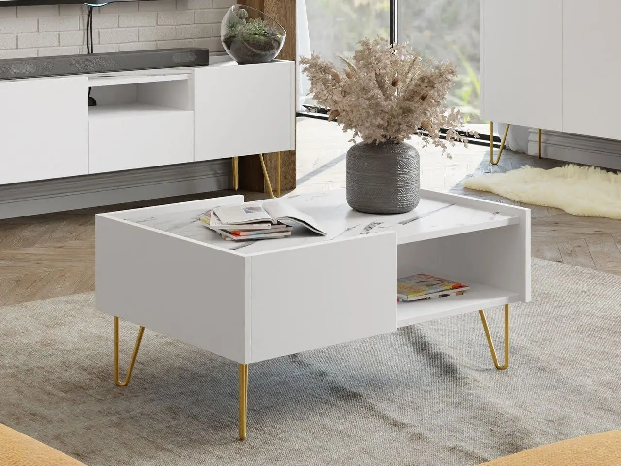 Журнальный столик Mirjan24 Animere AL97/Narine L97 (White Marble/White/Gold)