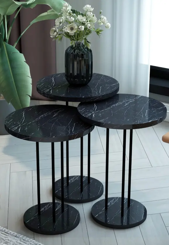 Set masute pentru reviste Prestige Bendir Round base 3 pcs (Black Marble/Black)