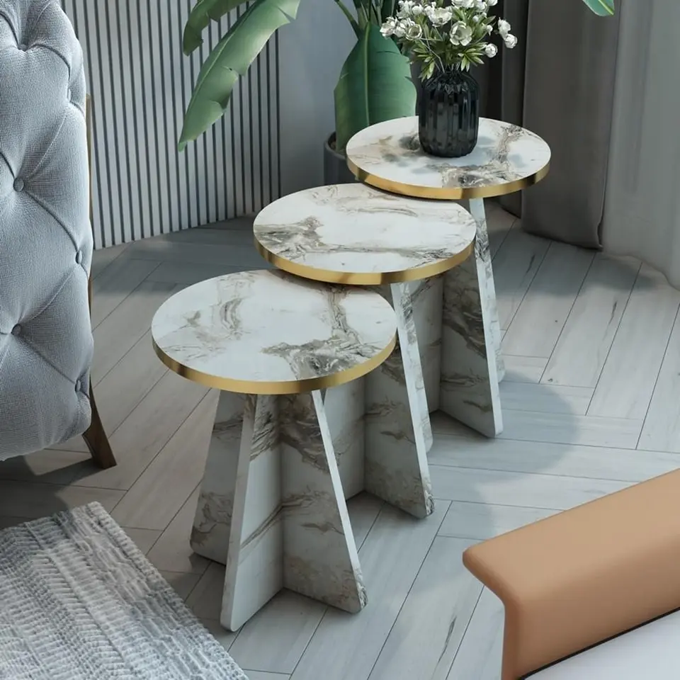 Set masute pentru reviste Prestige Efes 3 pcs 330x43/46/49 (White Marble/Gold)