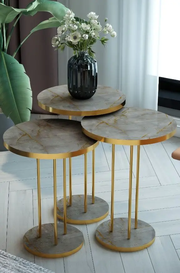 Set masute pentru reviste Prestige Gordion Round base 3 pcs (Grey Marble/Gold)