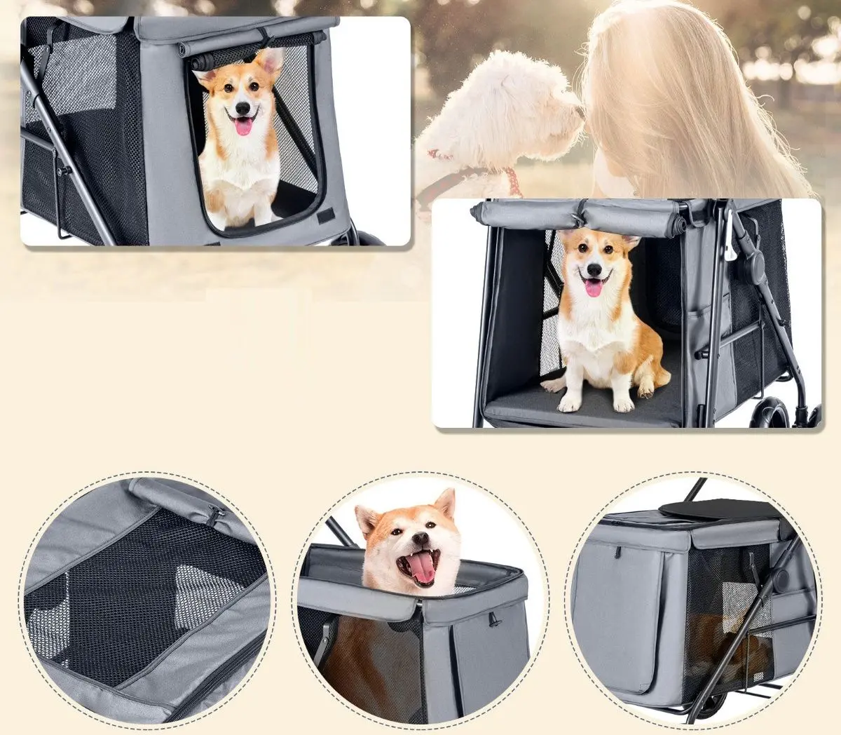 Carucior pliabil pentru transportarea animalelor Costway PW10074GR (Grey)