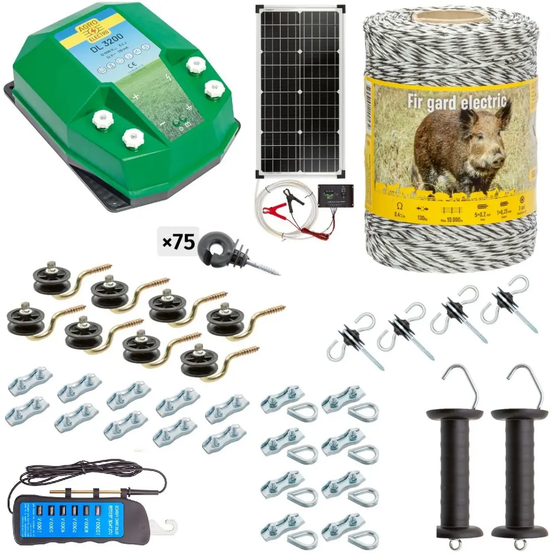 Pachet gard electric Agro Electro DL3200 + 0189 500m + sistem solar 30W + Acc for wild animal