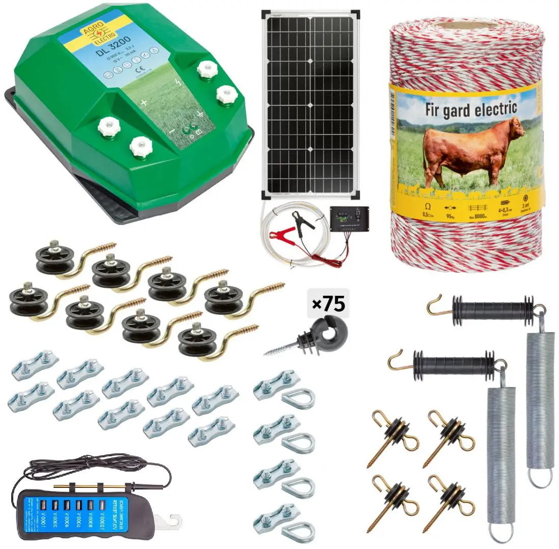 Pachet gard electric Agro Electro DL3200 + 02521 500m + sistem solar 30W + Acc for domestic animal
