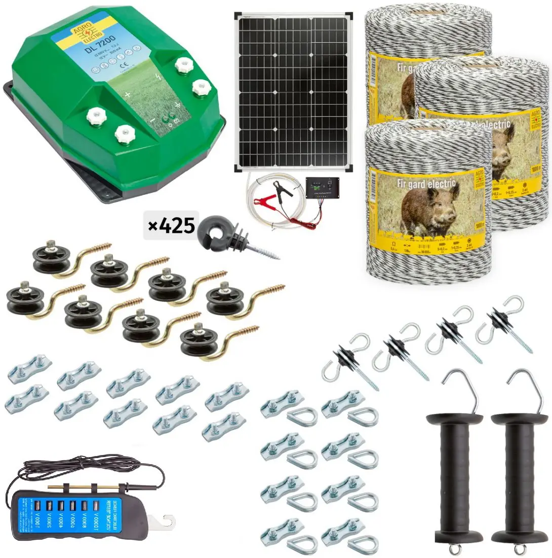 Pachet gard electric Agro Electro DL7200 + 0133 3000m + sistem solar 50W + Acc for wild animal