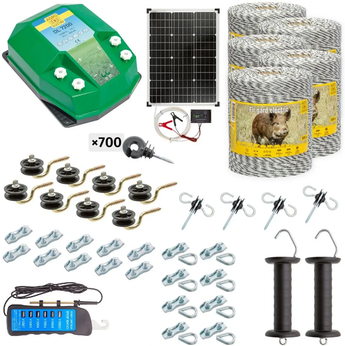 Pachet gard electric Agro Electro DL7200 + 0133 5000m + sistem solar 50W + Acc for wild animal
