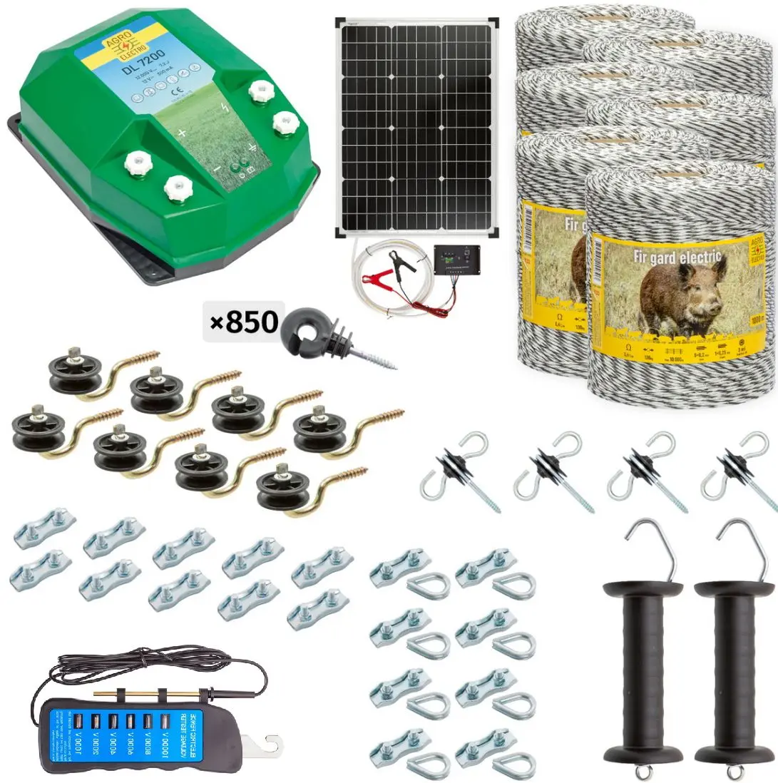 Комплект электропастуха Agro Electro DL7200 + 0133 6000м + солнечная панель 50Вт + Акс для диких животных