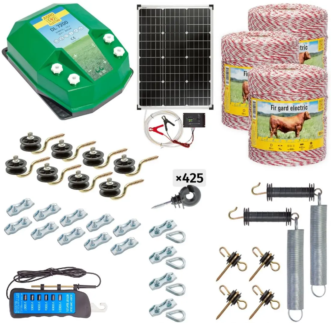Pachet gard electric Agro Electro DL7200 + 0252 3000m + sistem solar 50W + Acc for domestic animal