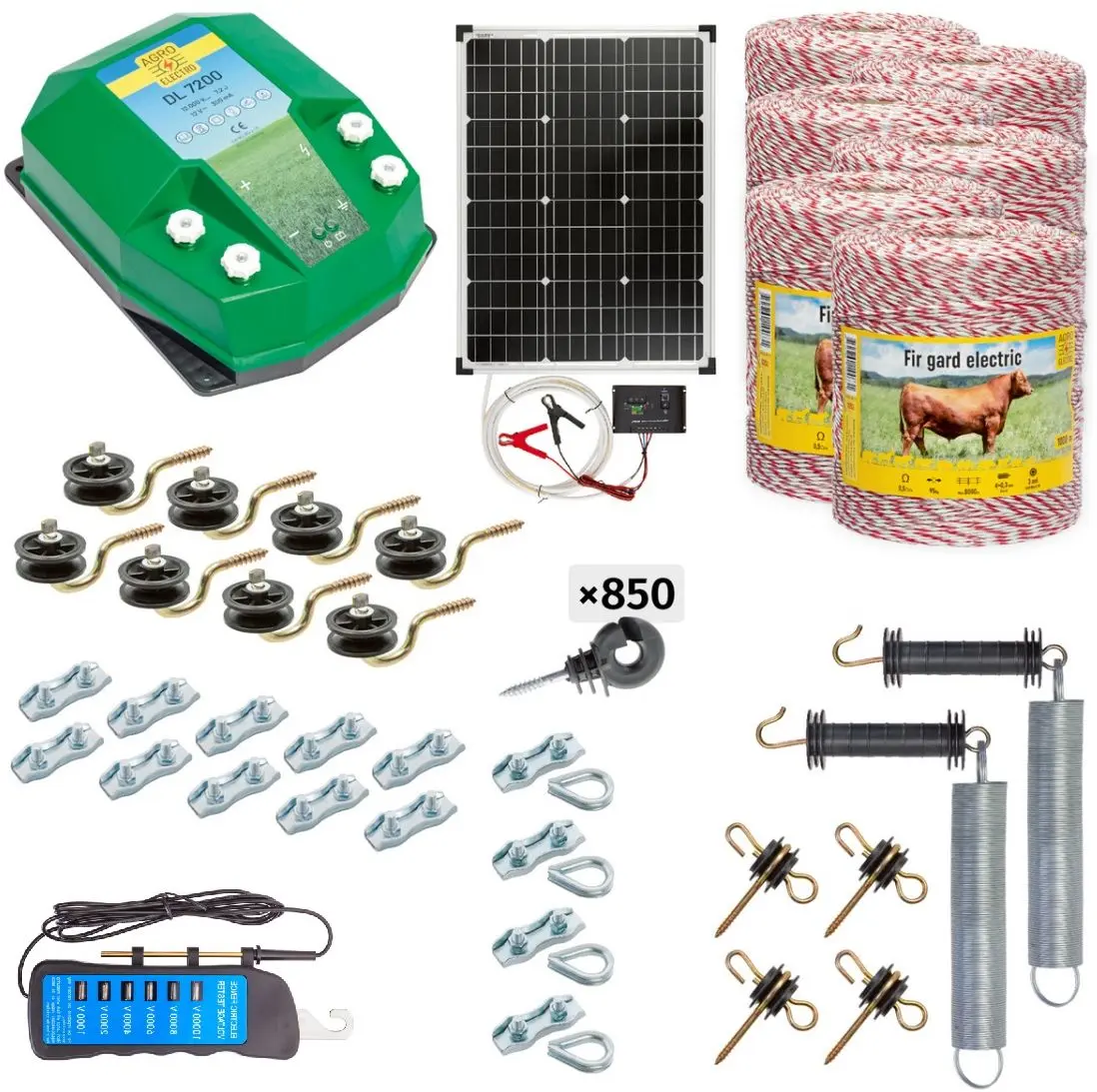 Pachet gard electric Agro Electro DL7200 + 0252 6000m + sistem solar 50W + Acc for domestic animal