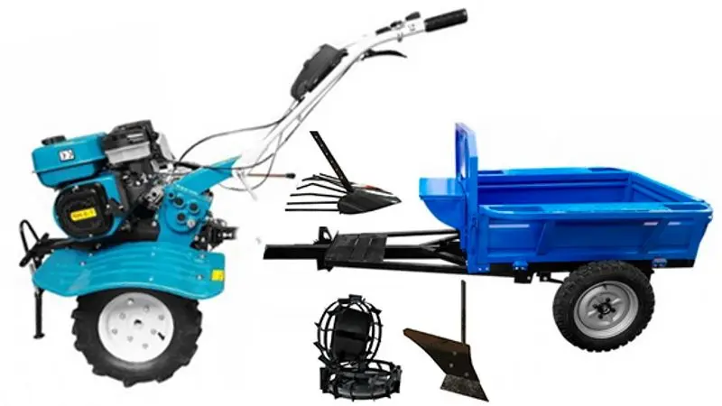 Мотоблок с прицепным оборудованием Dakard DKD 900 + DKD 500 + Мет. Колеса + Плуг х2 (Blue)