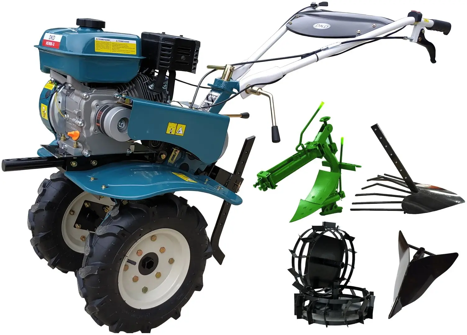 Motocultor cu echipament de remorcare Dakard DKD 900 + Roti Met. + Plug х2 + Rarita (Blue)