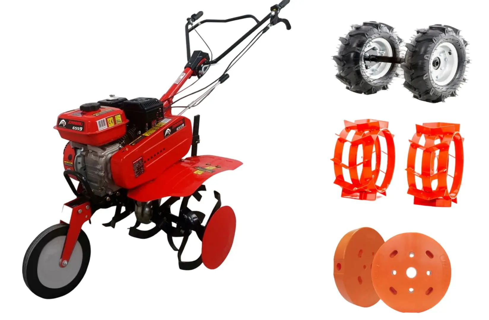 Мотокультиватор Ruris Zimbru 6559 + резиновые колеса + металлические колеса + комплект противовесов (Red)