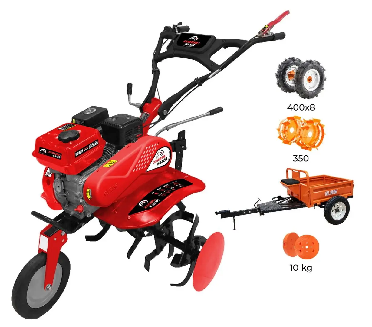 Мотокультиватор с прицепным оборудованием Zimbru 6559 + RURIS 450 + резиновые колеса 4.00-8 + металлические колеса 350 + комплект противовесов 10 кг