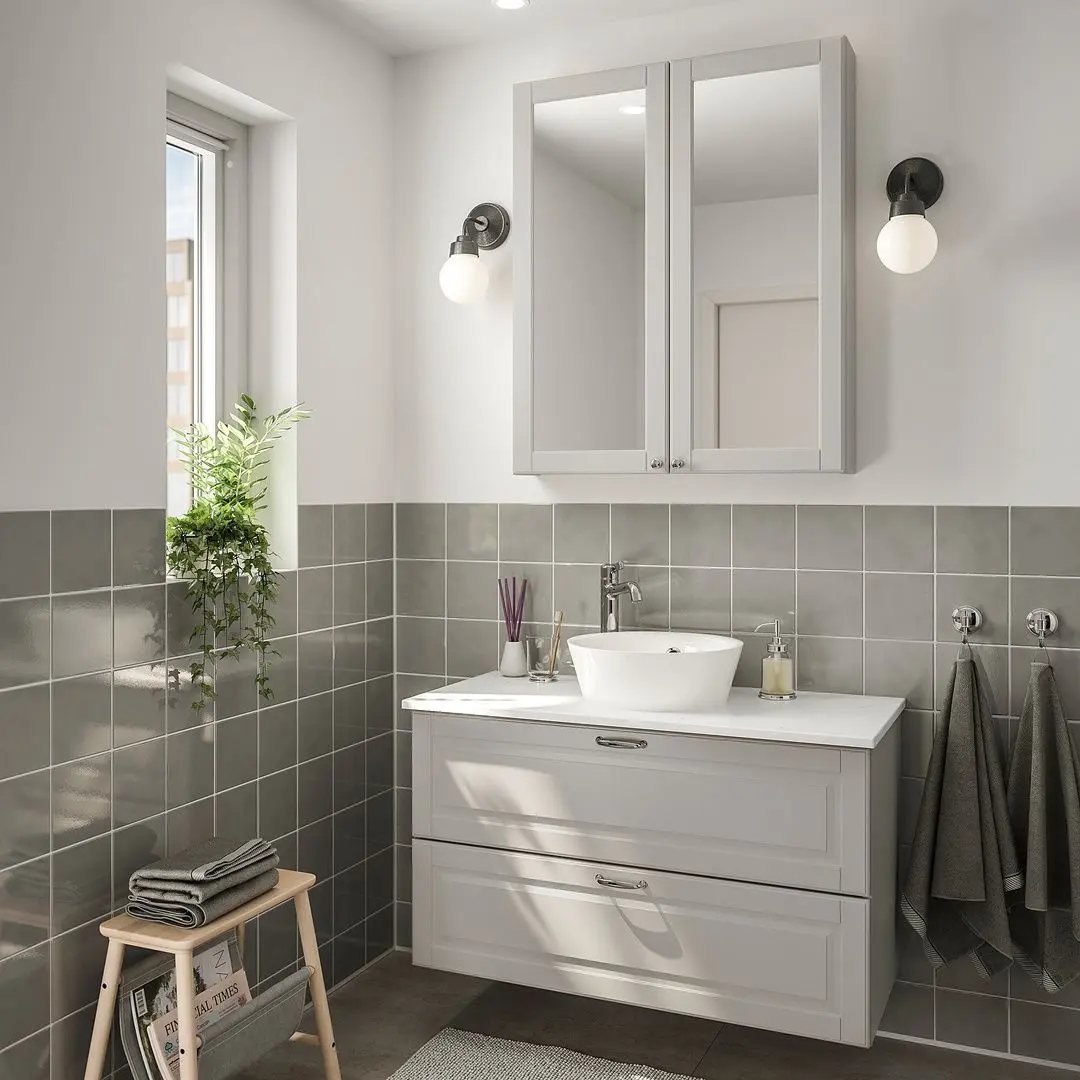 Set mobilier Ikea Godmorgon/Tolken/Kattevik 5 piese/baterie Voxnan 82cm (Kasjon Gri/Aspect Marmura)