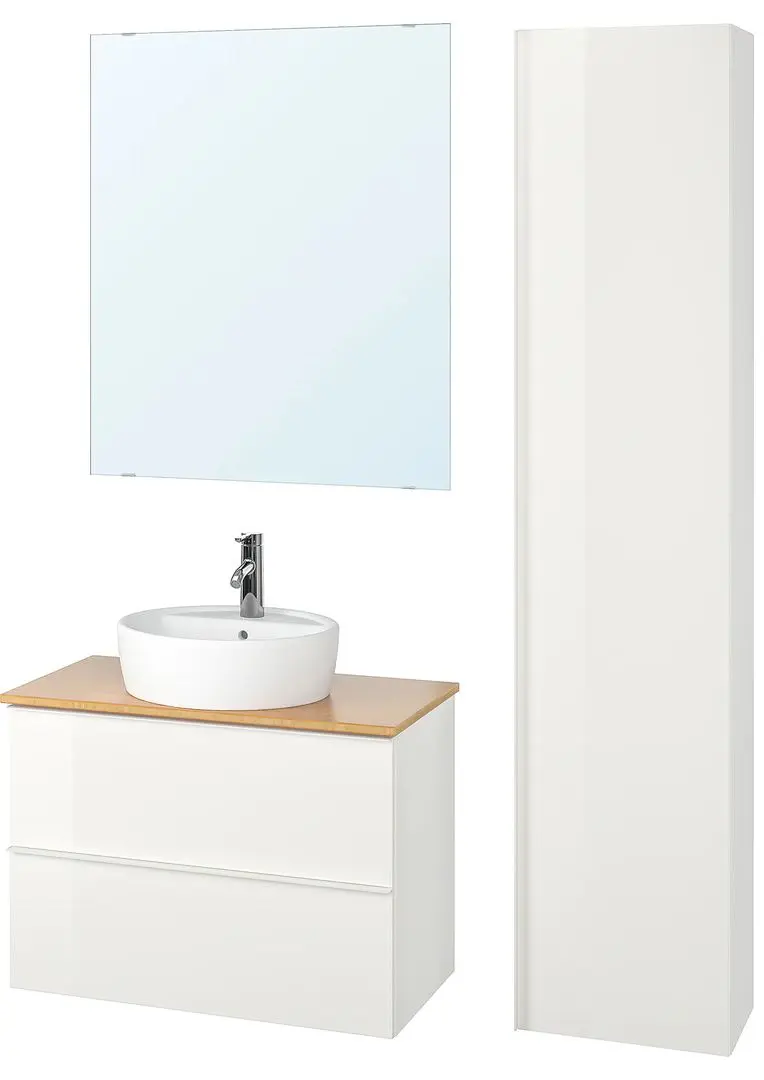 Set mobilier Ikea Godmorgon/Tolken/Kattevik 6 piese/oglinda/baterie Dalskar 82cm (Lucios Alb/Bambus)