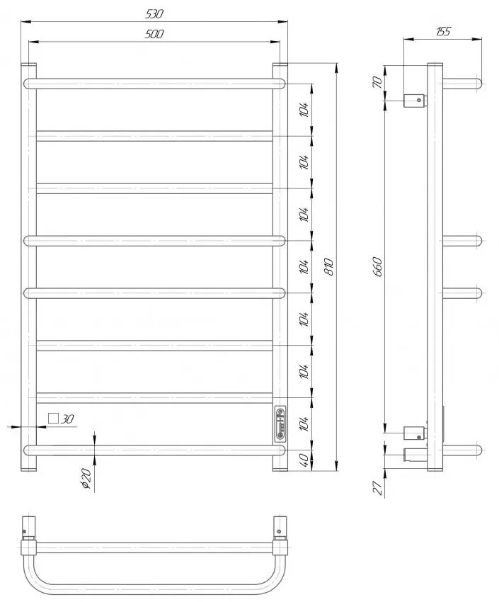 Полотенцесушитель электрический Elna Каскад Люкс 8 810x530x155 (Chrome)