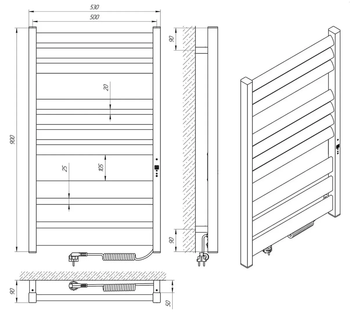 Полотенцесушитель электрический Laris Zebra Lavina CK10 500х900 Right (Black)