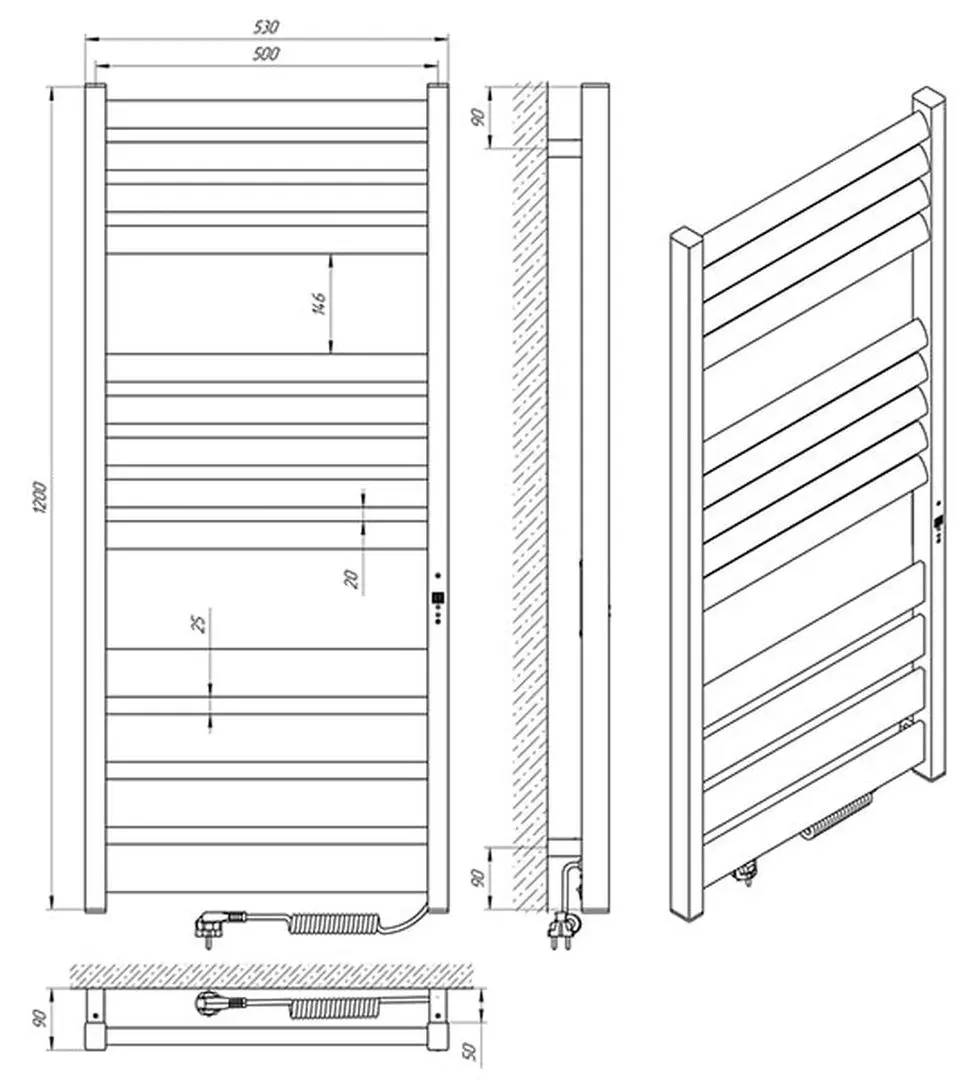 Полотенцесушитель электрический Laris Zebra Lavina CK13 500х1200 Left (Black)