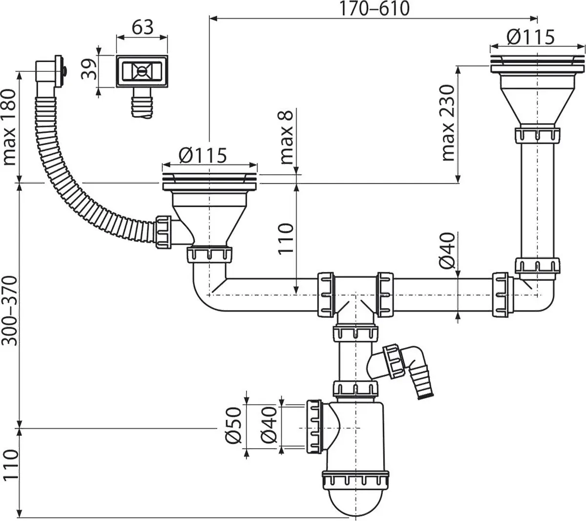 Сифон для двойной мойки Alcaplast A456P