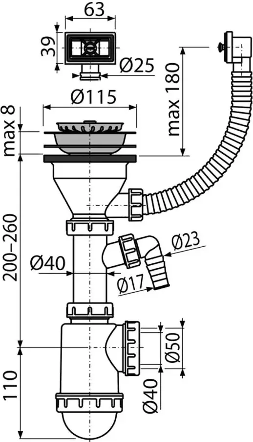 Сифон для кухонной мойки Alcaplast A447P-DN50/40