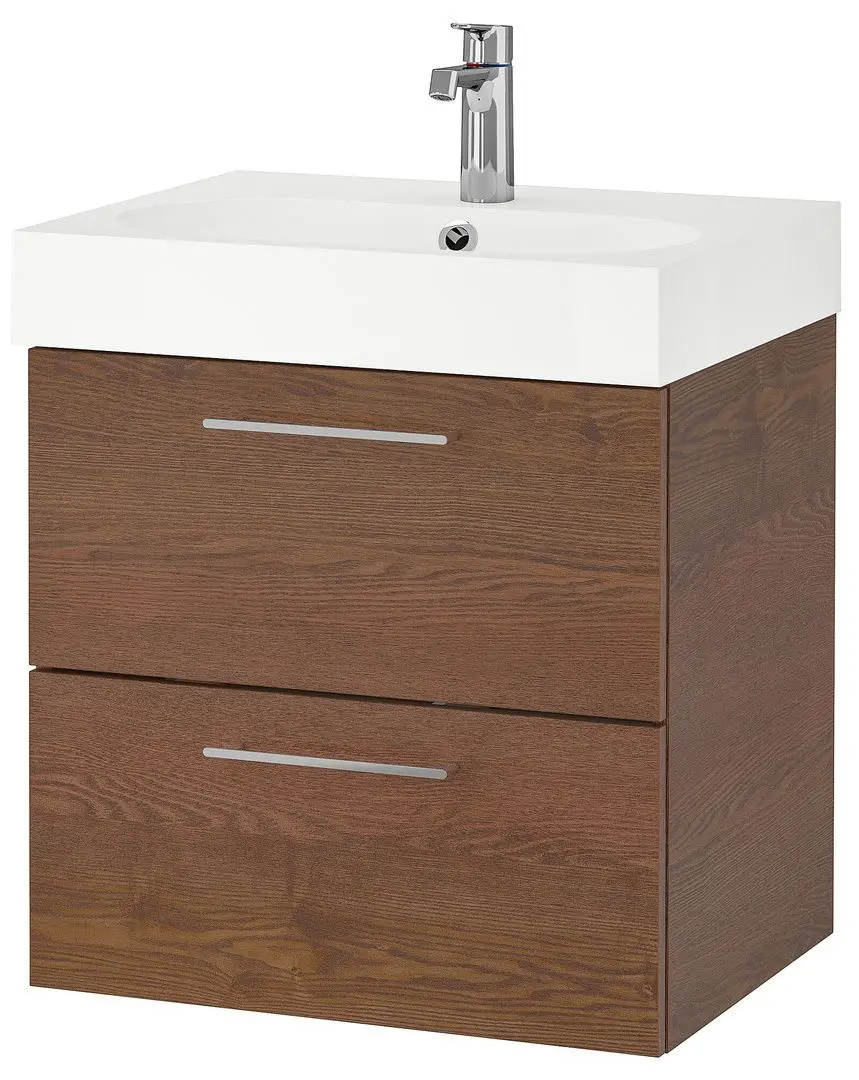 Набор тумбы с раковиной Ikea Godmorgon/Braviken 2 ящика/смеситель Brogrund 61x49x68 (Под Коричневый Мореный Ясень)