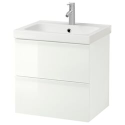 Набор тумбы с раковиной Ikea Godmorgon/Odensvik 2 ящика/смеситель Dalskar 63x49x64 (Глянцевый Белый)
