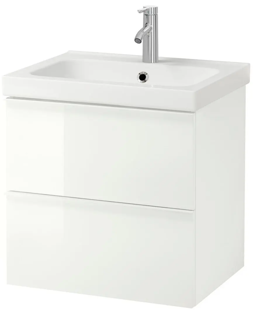 Набор тумбы с раковиной Ikea Godmorgon/Odensvik 2 ящика/смеситель Dalskar 63x49x64 (Глянцевый Белый)