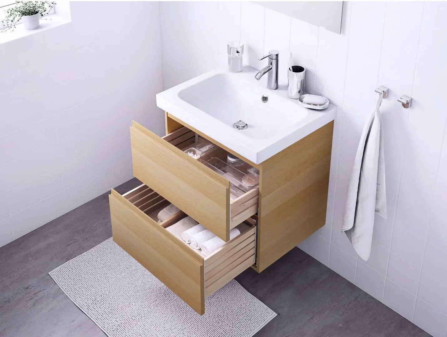 Набор тумбы с раковиной Ikea Godmorgon/Odensvik 2 ящика/смеситель Dalskar 63x49x64 (Под Беленый Дуб) - 7