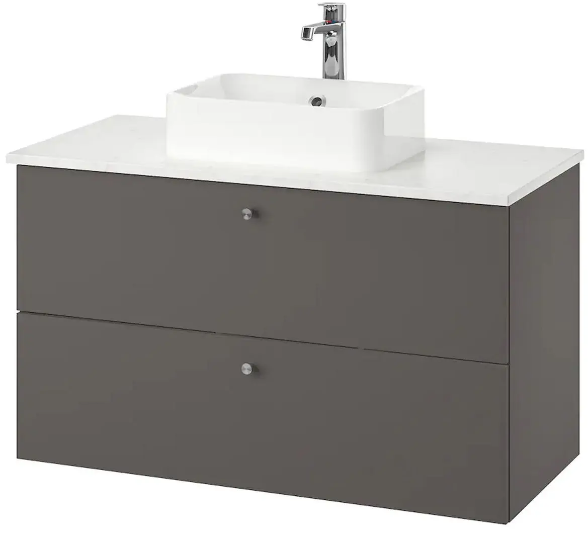 Набор тумбы с раковиной Ikea Godmorgon/Tolken/Horvik раковина 45x45/смеситель 102x49x72 (Гиллбурен Темно-серый/Под Мрамор)