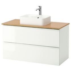Набор тумбы с раковиной Ikea Godmorgon/Tolken/Horvik раковина 45x45/смеситель 102x49x72 (Глянцевый Белый/Бамбук)