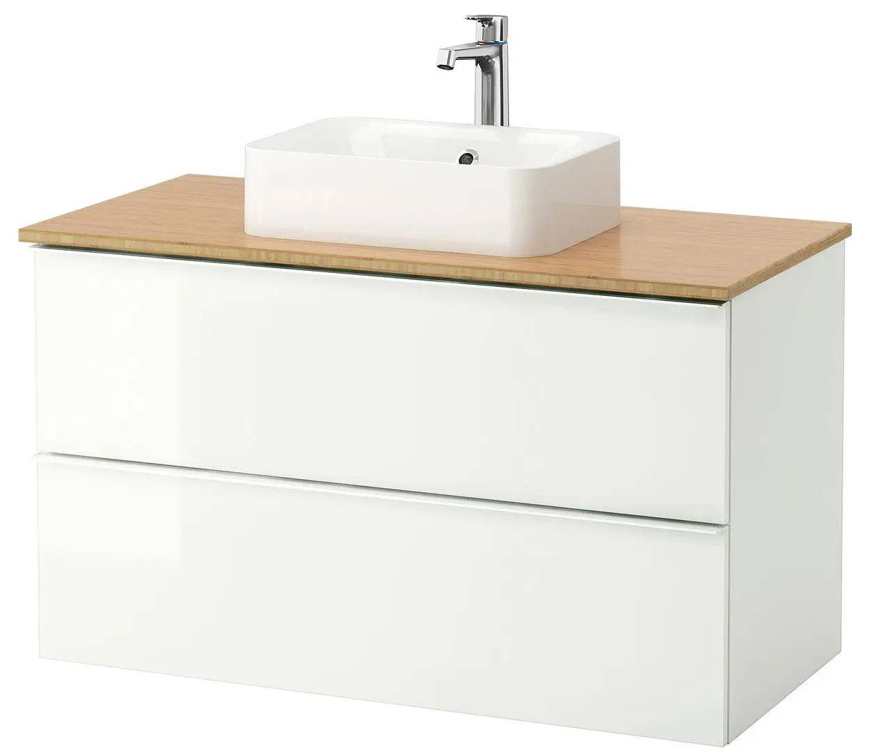 Набор тумбы с раковиной Ikea Godmorgon/Tolken/Horvik раковина 45x45/смеситель 102x49x72 (Глянцевый Белый/Бамбук)