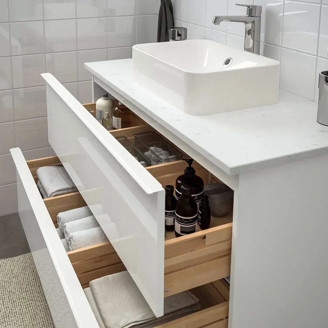 Набор тумбы с раковиной Ikea Godmorgon/Tolken/Horvik раковина 45x45/смеситель 102x49x72 (Глянцевый Белый/Мрамор) - 6