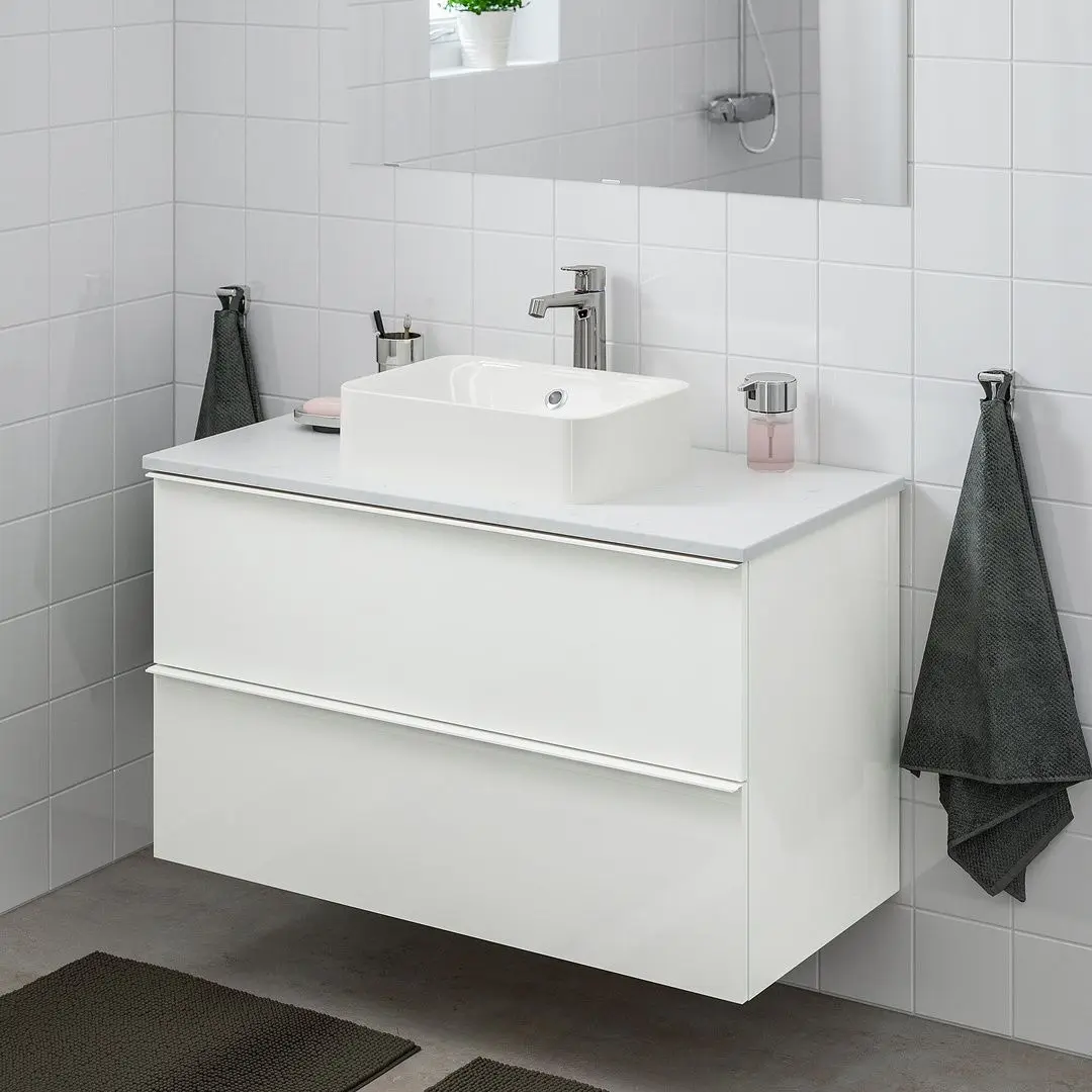 Набор тумбы с раковиной Ikea Godmorgon/Tolken/Horvik раковина 45x45/смеситель 102x49x72 (Глянцевый Белый/Мрамор) - 7