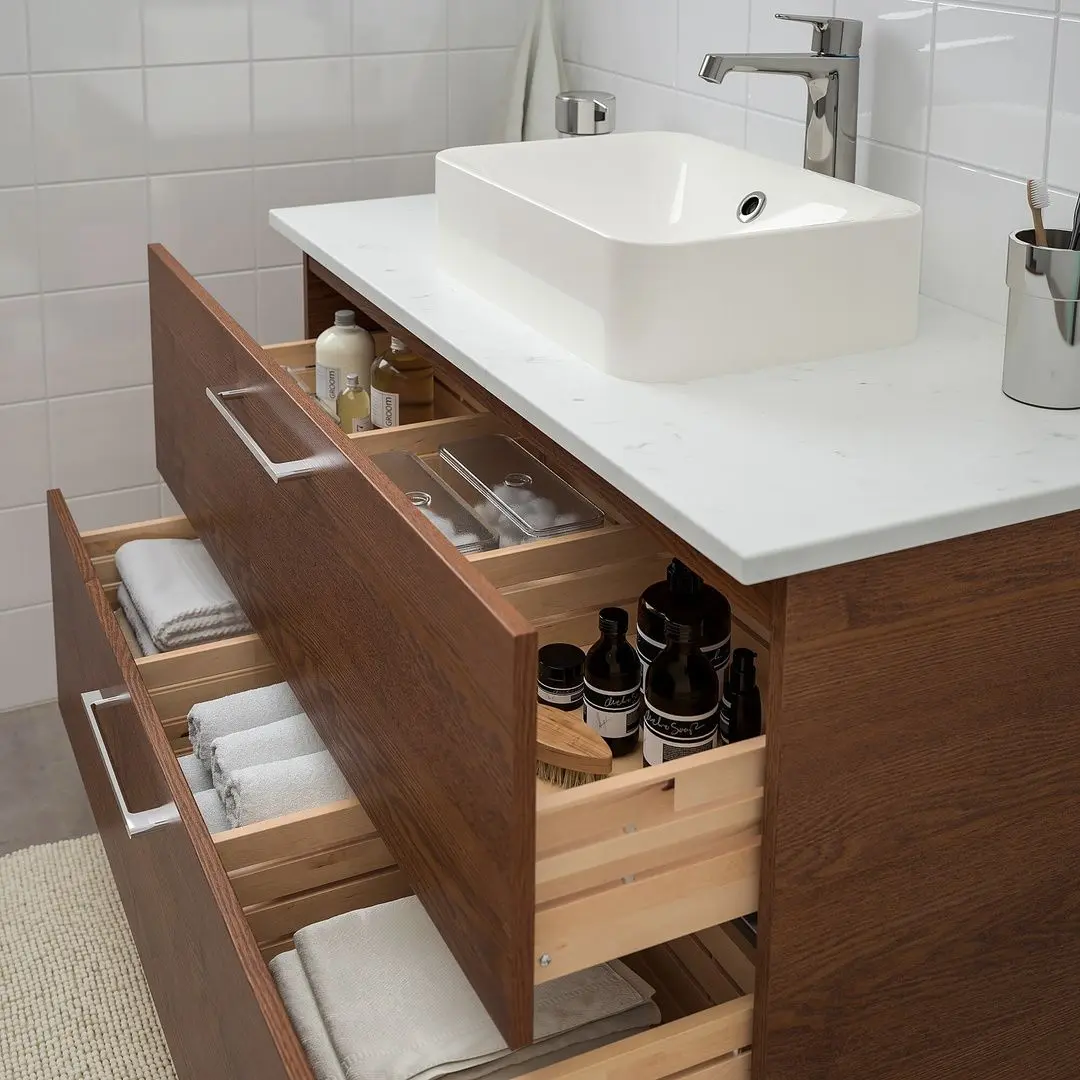 Набор тумбы с раковиной Ikea Godmorgon/Tolken/Horvik раковина 45x45/смеситель 102x49x72 (Под Коричневый Мореный Ясень/Под Мрамор) - 4