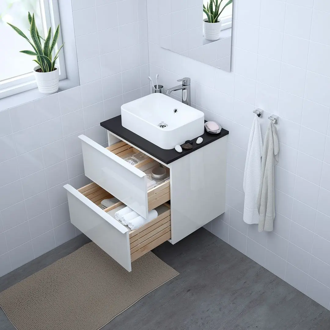 Набор тумбы с раковиной Ikea Godmorgon/Tolken/Horvik раковина 45x45/смеситель 62x49x72 (Глянцевый Белый/Антрацит) - 6