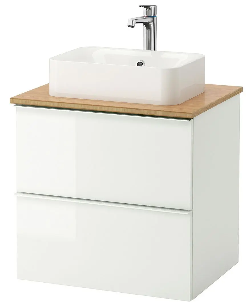 Набор тумбы с раковиной Ikea Godmorgon/Tolken/Horvik раковина 45x45/смеситель 62x49x72 (Глянцевый Белый/Бамбук)