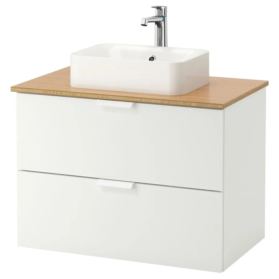Набор тумбы с раковиной Ikea Godmorgon/Tolken/Horvik раковина 45x45/смеситель 82x49x72 (Белый/Бамбук)