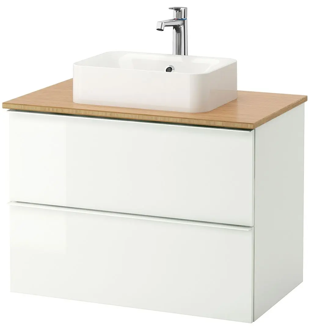 Набор тумбы с раковиной Ikea Godmorgon/Tolken/Horvik раковина 45x45/смеситель 82x49x72 (Глянцевый Белый/Бамбук)
