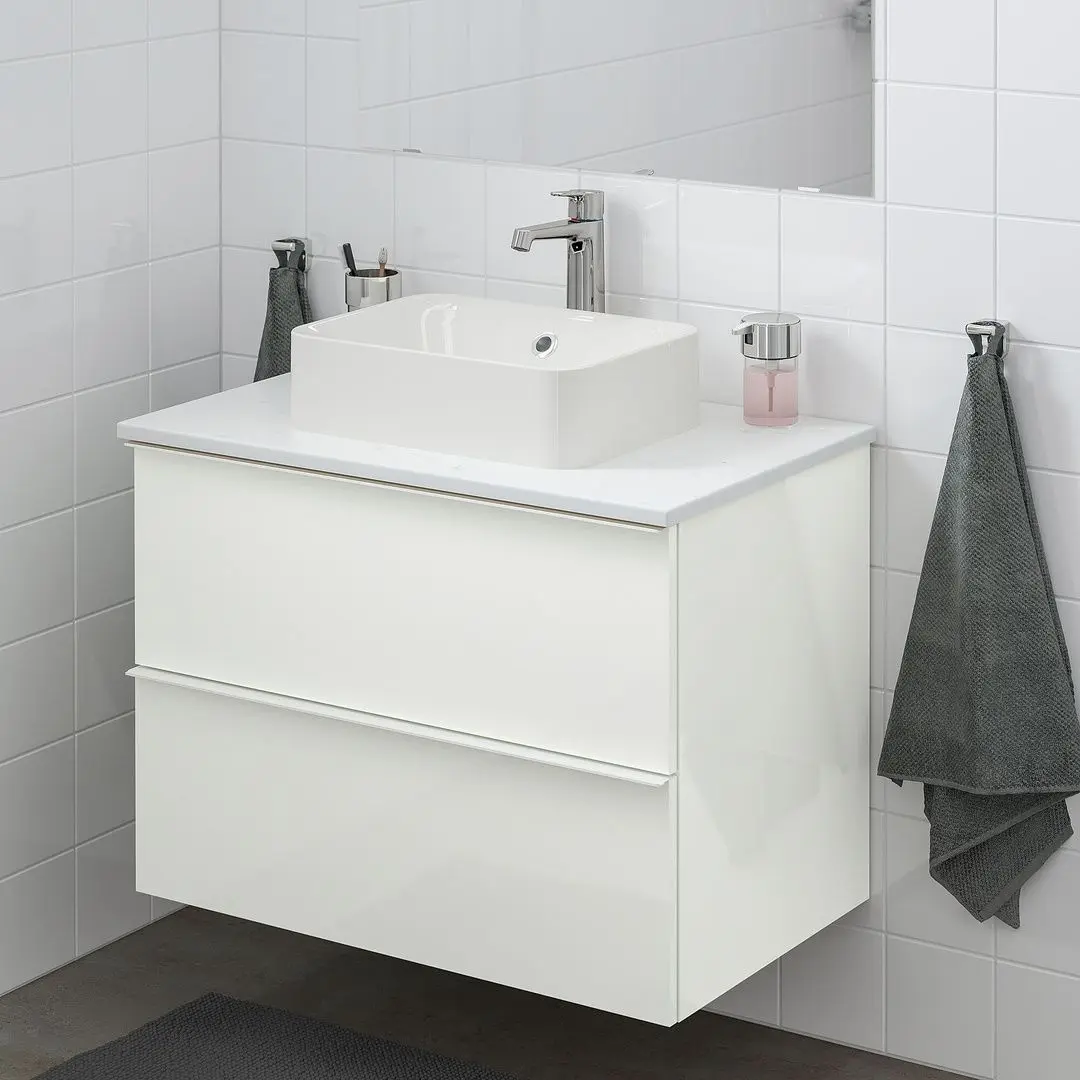Набор тумбы с раковиной Ikea Godmorgon/Tolken/Horvik раковина 45x45/смеситель 82x49x72 (Глянцевый Белый/Мрамор) - 5