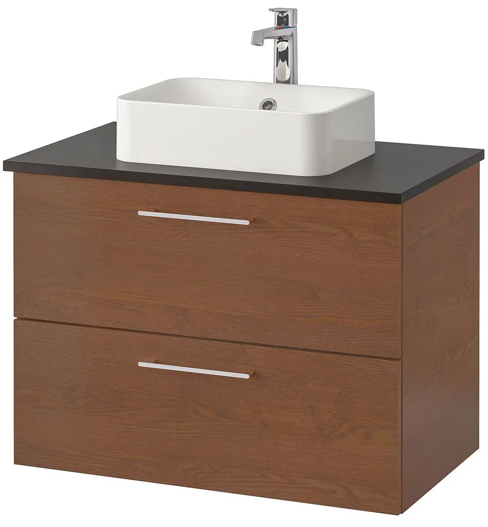 Набор тумбы с раковиной Ikea Godmorgon/Tolken/Horvik раковина 45x45/смеситель 82x49x72 (Под Коричневый Мореный Ясень/Антрацит)