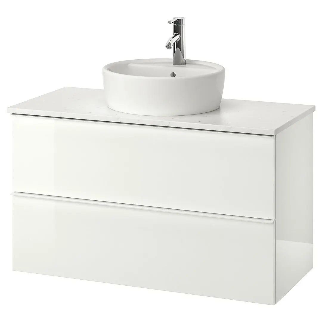 Набор тумбы с раковиной Ikea Godmorgon/Tolken/Tornviken раковина 45/смеситель 102x49x74 (Lucios Alb/Aspect Marmură)